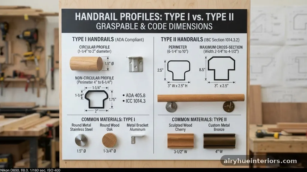 Common Materials and Profiles - Type I vs Type II Graspable Handrail Profiles: Code Dimensions Explained