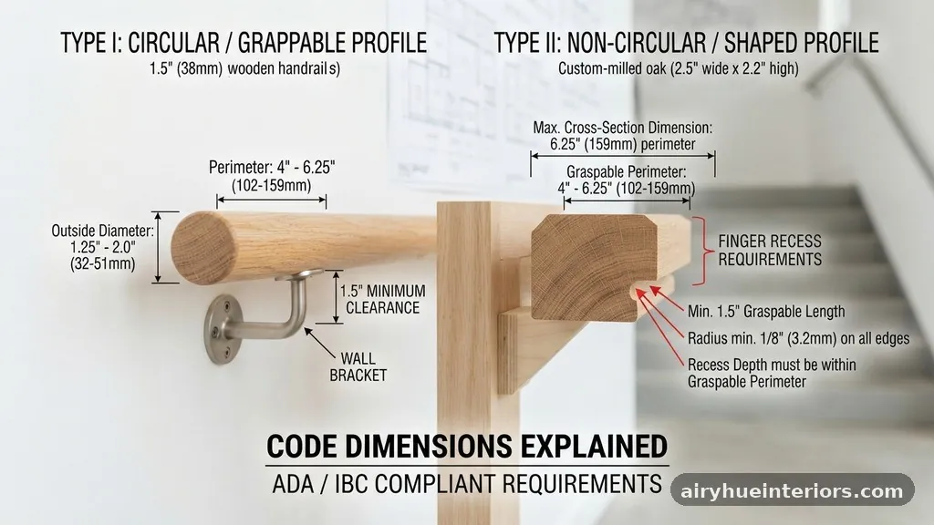 Finger Recess Requirements - Type I vs Type II Graspable Handrail Profiles: Code Dimensions Explained